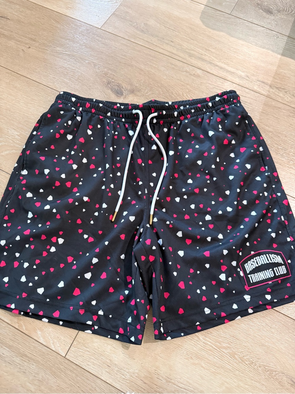 Baseballism Black Athletic Shorts with Pink & White Speckle Print